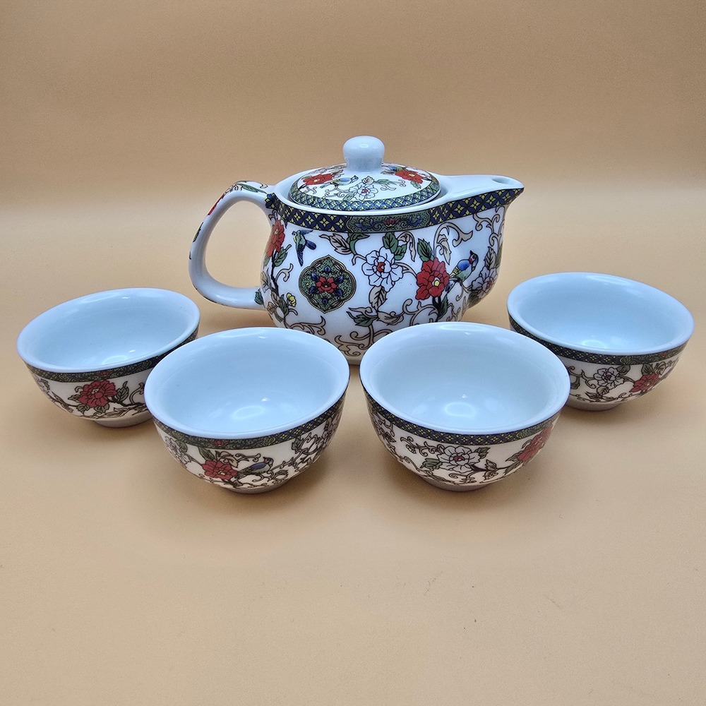 Floral Bird Porcelain Tea Set 5pc Teapot with Infuser & 4 Cups White Multicolor